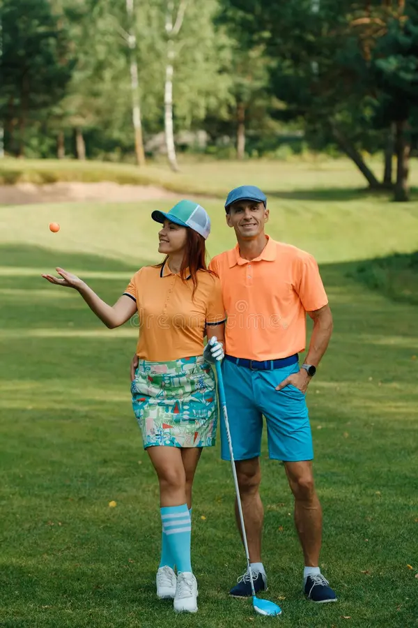 couple-enjoying-sunny-afternoon-playing-golf-lush-green-course-showcasing-vibrant-outfits-sense-fun-their-391708211
